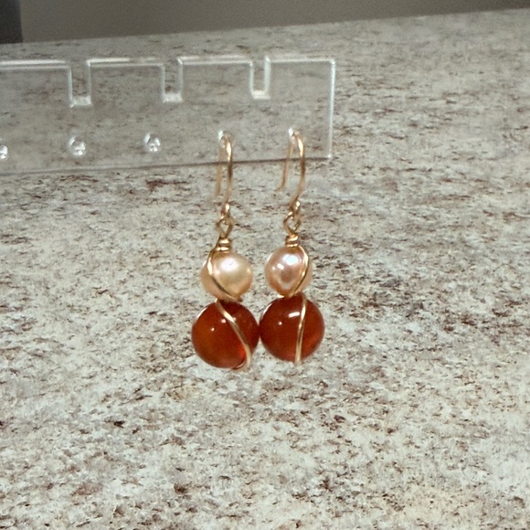 Gold-Filled Carnelian and Pearl Drop Earrings - Picture 1 of 7